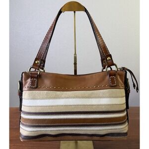 Brown Fossil Leather  Striped Hobo Shoulder Bag